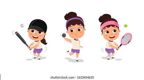 Kids playing various sports vector illustration. happy cute kid teen play baseball tennis trowing. Sport games. Competition. Cute girl sport