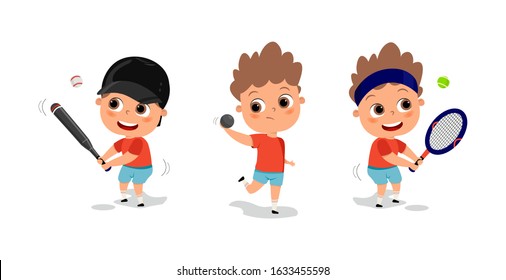 Kids playing various sports vector illustration. happy cute kid teen play baseball tennis trowing. Sport games. Competition. Cute boy sport