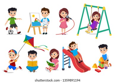 Kids playing vector characters set. Young boys and girls doing educational and school activities like playing toys, painting and reading book isolated in white. Vector illustration.
