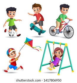 Kids playing vector characters set. Young boys and girls happy playing outdoor activities and sports like playing soccer, skateboard, kite, swing and bike isolated in white background. Vector