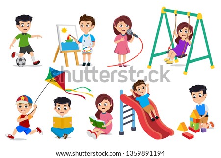 Kids playing vector characters set. Young boys and girls doing educational and school activities like playing toys, painting and reading book isolated in white. Vector illustration.
