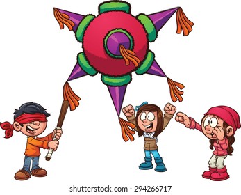 Kids Playing With PiÃ±ata. Vector Clip Art Illustration With Simple Gradients. Each Element On A Separate Layer.