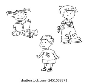 Kids playing vector coloring page illustration