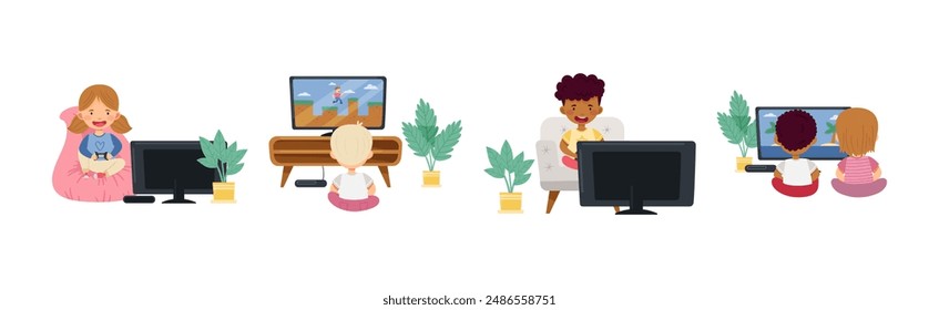 Kids Playing Video Games with Gamepad at Television Vector Set