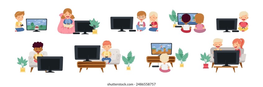 Kids Playing Video Games with Gamepad at Television Vector Set