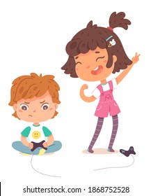 Kids playing video games at home. Happy girl winning and sad angry boy playing videogames, sitting with joystick. Entertainment at home with technology vector illustration.