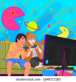 Kids playing video games on a tv with controllers sitting on a couch. 