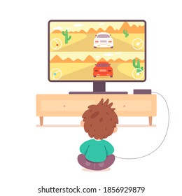 Kids playing video games on tv at home. Happy boy and girl holding console and playing videogames with joysticks in hands. Entertainment at home with technology vector illustration.