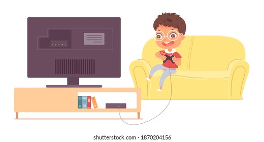 Kids playing video games on tv at home. Happy boy and girl holding console and playing videogames with joysticks in hands. Entertainment at home with technology vector illustration.