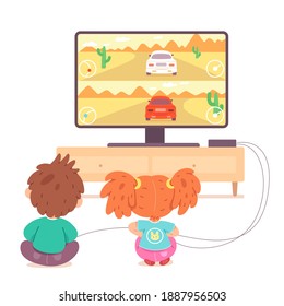 Kids playing video games on tv at home. Happy boy and girl holding console and playing videogames with joysticks in hands. Entertainment at home with technology vector illustration.