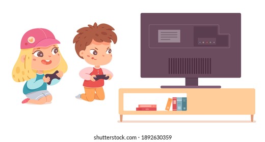 Kids playing video games on tv at home. Happy boy and girl holding console and playing videogames with joysticks in hands. Entertainment at home with technology vector illustration.
