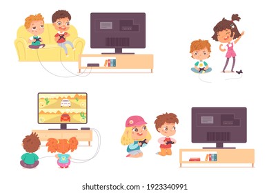 Kids playing video games on tv set. Happy boys and girls holding console and playing videogames with joysticks in hands. Entertainment at home with technology vector illustration.