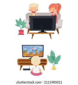 Kids playing video games set. Children sitting at tv screen with gamepad controllers. Gaming entertainment and leisure vector illustration