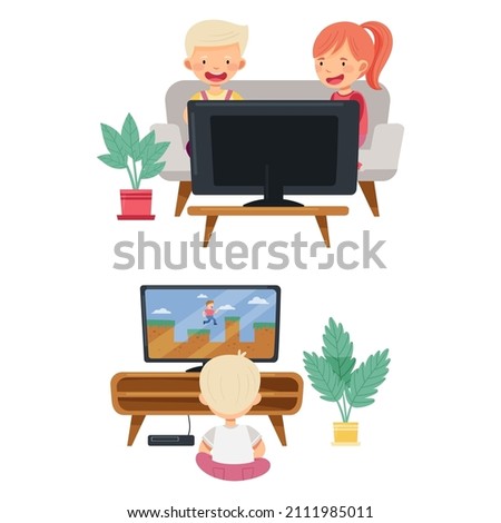 Kids playing video games set. Children sitting at tv screen with gamepad controllers. Gaming entertainment and leisure vector illustration