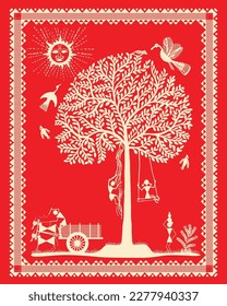 Kinder, die im Dorf spielen, es ist wahrer Spaß und Genuss, die in der Warli Malerei zu zeigen.  Bull Car, Tree, Vogel wirkliches Leben gezeigt in Warli Malerei. Moderne Gemälde, Bildschirmhintergrund Vektor Warli Kunst.