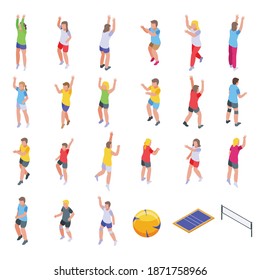 Kids playing volleyball icons set. Isometric set of kids playing volleyball vector icons for web design isolated on white background