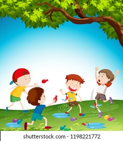 Kids Playing With Water Balloon Illustration