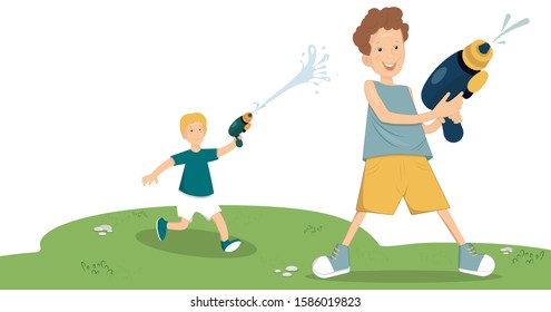 Kids Playing Water Gun Vector Illustration