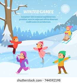 Kids playing in winter games on playground. Outdoors cartoon illustration. Game on winter playground, girl boy outdoor play snow vector