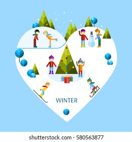 Kids playing winter games. Vector flat illustration.