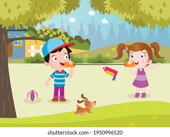 Kids playing with wired phone vector concept for banner, website, illustration, landing page, flyer, etc.