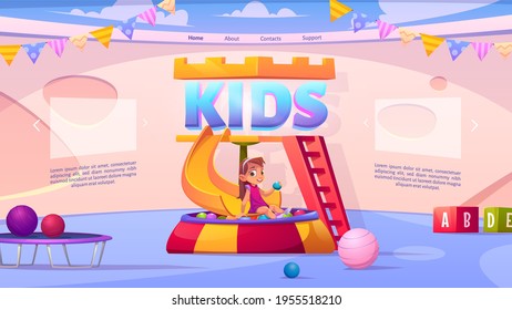 Kids playroom cartoon landing page, little girl playing in dry pool with balls and slides in special zone for children with toys, trampoline and balls in cozy interior with garlands, vector web banner
