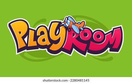 Kids playroom emblem design. Colorful funny font with toy airplane. Ideal for kids zone branding, playground, website, print, promo. Vector illustration