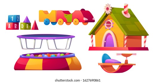 Kids playroom furniture and equipment set isolated on white background, dry pool with balls, trampoline, wooden house, train, block cubes toys for children games Cartoon vector illustration, clip art