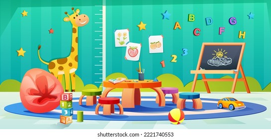 Sala de juegos infantil con muebles y juguetes para los niños. Caricatura de diseño interior en aula de jardín de infancia