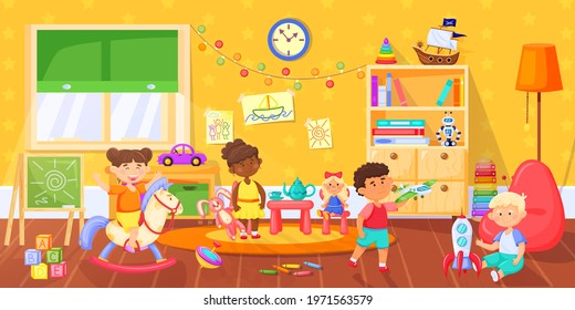 Kids In Playroom. Happy Children Playing With Toys In Montessori Kindergarten. Playful Toddlers In Preschool Classroom Vector Illustration. Boys And Girls Playing With Plane, Rocket And Horse