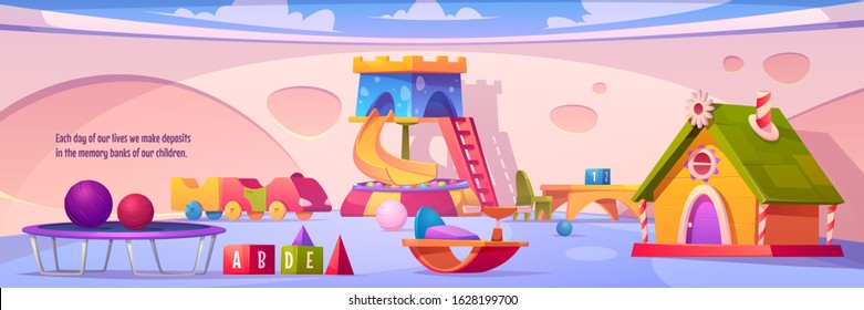 Kids playroom interior, empty indoors playground with furniture and equipment for games slide with dry pool and balls, trampoline, wood house, toys and desks for children Cartoon vector illustration