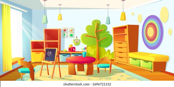 Kids playroom interior, empty indoors nursery room playground with montessori toys, wooden furniture, shelves and equipment for games and studying, blackboard and desk. Cartoon vector illustration