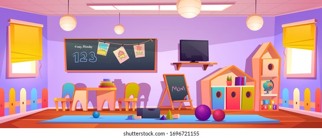 Kids Playroom Interior, Empty Indoors Nursery Room Playground With Montessori Wooden Toys, Furniture And Equipment For Games, Wood House, Blackboard And Desk For Children. Cartoon Vector Illustration