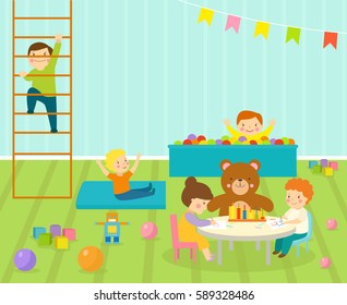 Kids playroom with light furniture decor playground and toys on the floor carpet decorating flat style cartoon comfortable interior vector illustration.