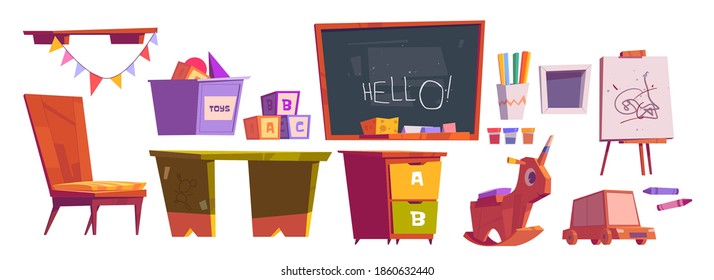 Kids playroom or school furniture and equipment chalkboard, desk and chair, block cubes, toys for children games and wooden horse with paints and easel, Cartoon vector set isolated on white background