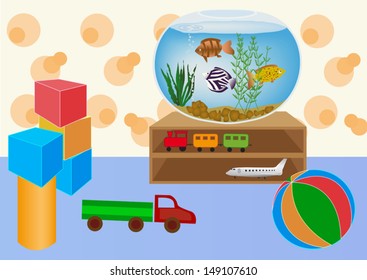 Kids playroom with toy train, airplane, truck, ball, playing blocks, fishbowl in good order