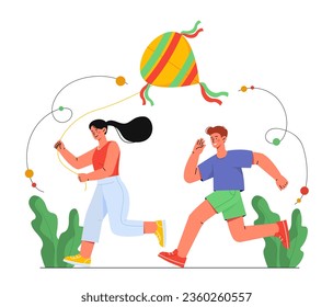 Kids plays with kites concept. Boy and girl having fun together outdoor. Children plays with toys. Active lifestyle and leisure. Cartoon flat vector illustration isolated on white background