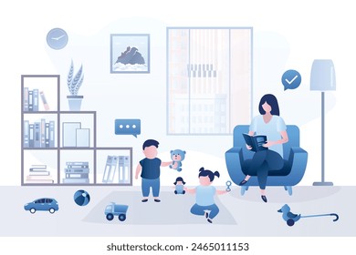 Kids plays in living room. Mother spending time with children. Small children play in toys. Room interior, furniture. Childcare, concept. Mom sitting on armchair and read book. vector illustration