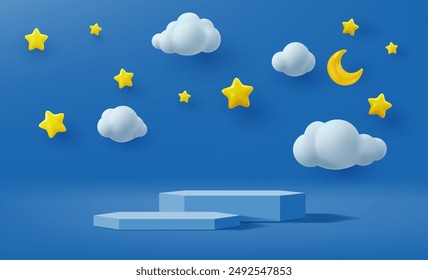 Kinderpodium mit blauem Himmel, Wolken, Sternen und Mond Hintergrund. Vektorgrafik 3D-Kinder-Produkt-Display-Ständer, niedliche Babybühne, Szene oder Plattform. Pastellfarbene geometrische Podeste oder Podeste Präsentation Banner