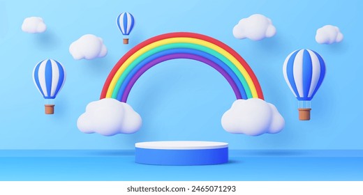 Kids podium with hot air balloons, sky clouds and rainbow. 3d vector summertime background in cute childish toy style with round stage or pedestal under blue cloudy sky with floating air balloons