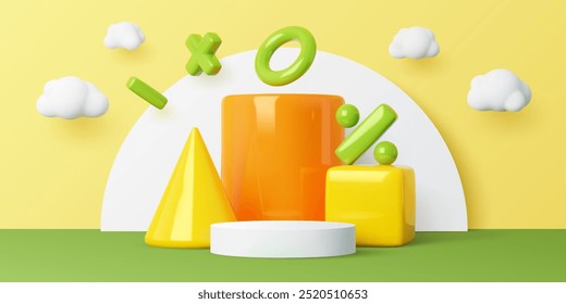 Kids podium with math elements and geometric figures. 3d vector circular pedestal with cone, cube, cylinder, minus, multiplication, zero and percentage symbols for promoting children education or sale