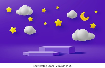 Kids podium with night sky, white clouds, yellow stars and a crescent moon against a purple Vector background. Two platforms or stands, minimalist showcase for children product promotional display