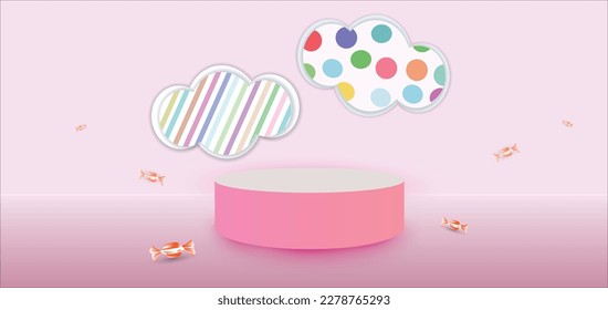 Kids podium product display. Background for kid’s product presentations. colorful pastel background with space for display product. candy ,paper art. Vector illustration.