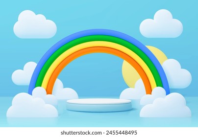 Kids podium with rainbow and clouds. 3d Vector summer background render in cute childish style for baby products showcase. Round stage or pedestal under the bright colorful rainbow and blue cloudy sky