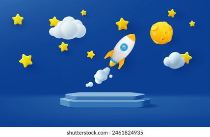 Kids podium with space rocket launch, moon and stars. 3d vector stage with galaxy planet and clouds in sky. Product display, stand, pedestal on blue background with cartoon toy spaceship flying up