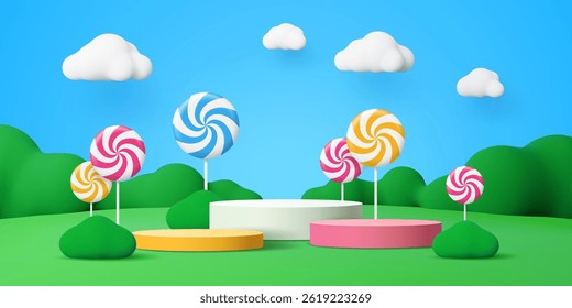 Kids podium stage with lollypops on meadow. 3d vector playful circular platforms surrounded by large swirly lollipop candies, bushes and clouds under a bright blue sky. Background for children events