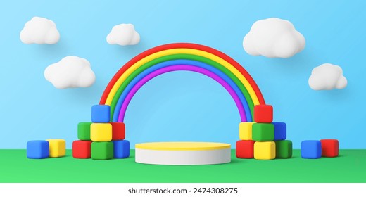 Kids podium stage with rainbow and toy blocks or 3D clouds in sky, vector background. Kid, child or baby products display showcase and showroom studio pedestal or exhibition podium with toy rainbow