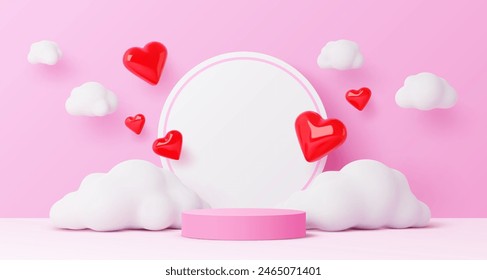 Escenario de podio para niños con corazones y nubes de amor rojas. Escena de Vector 3d realista en lindo estilo infantil, plataforma redonda en rosa, fondo juguetón y soñador, símbolo de amor, alegría de la felicidad, celebración