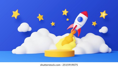 Kids podium with stars and space rocket. 3d vector stage with shuttle launch in the night sky with clouds and twinkles. Children product display, stand, pedestal with cartoon toy spaceship flying up