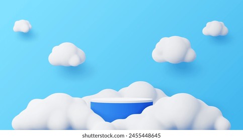 Kids podium with white fluffy clouds. Round blue and white stage. 3d vector platform or pedestal render mockup for children products displaying. Cloudy studio sky showcase background for presentation